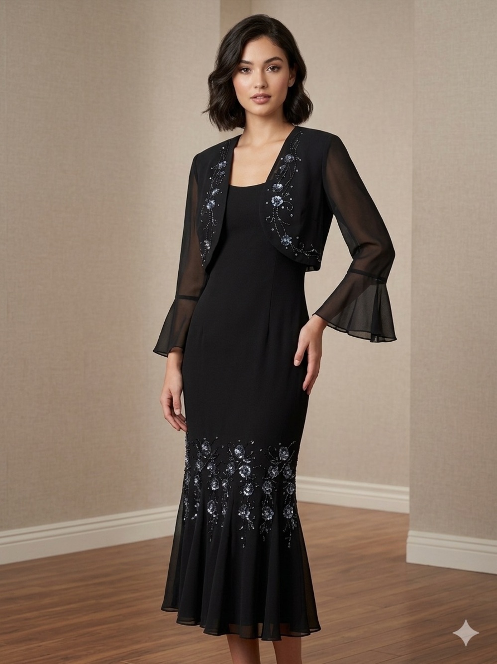 2 piece Black Embellished Sheer-Sleeve Midi Dress with Bolero